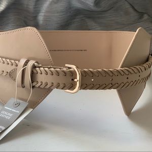 H&M Wide Leather Beige Belt Sz L Whipstitch Detail